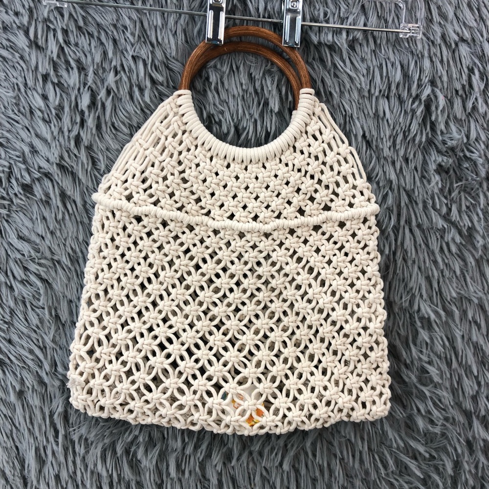 Crossi Purse Beige Boho Wood Double Handle Macrame Hand Bag